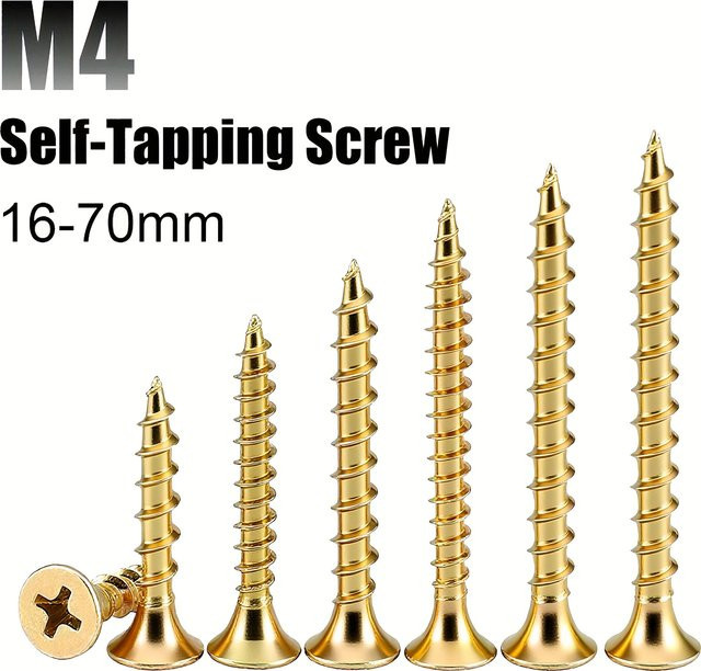 GOSUNDA 100 Stück M4 Flachkopf-Holzschrauben für Trockenbau in Gold, verzinkt, M4 x 16 mm bis 70 mm - Bild 1