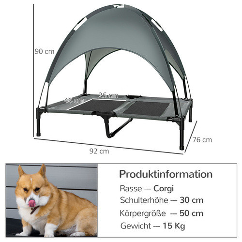 PawHut Erhöhtes Hundebett mit Baldachin aus Metall und Oxford-Gewebe in Grau/Schwarz, B/H/L: 76 x 92 x 90 cm - Bild 2