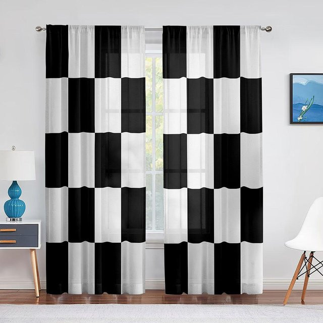 Schwarz-weiß karierter Voile-Vorhang mit Rennwagen-Motiv, lichtdurchlässiger Fenstertüll mit Ösen, 2er-Set, Breite: 65 cm, Höhe: 60 cm - Bild 1