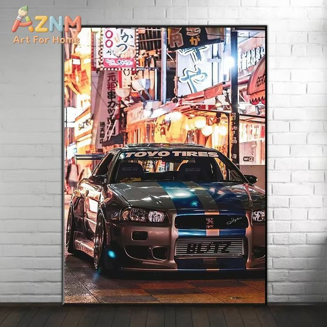 AZNM Nissan Skyline GT-R JDM Leinwandposter mit Tokio Nachtszene, ungerahmter Wandkunstdruck, Mehrfarbig - Bild 1