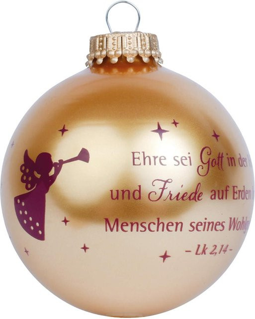 Goldene Christbaumkugel aus Glas von Uljö mit der Aufschrift Ehre sei Gott in der Höhe, Durchmesser: 7,0 cm - Bild 1