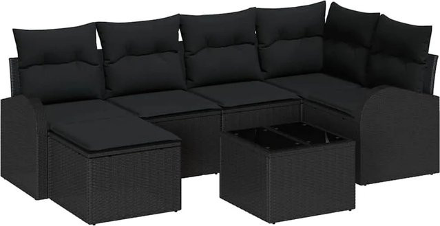 vidaXL Garten-Sofa-Set aus Polyrattan in Schwarz, 7-teilige Lounge-Garnitur mit Kissen und Ottoman für Terrasse und Garten - Bild 1