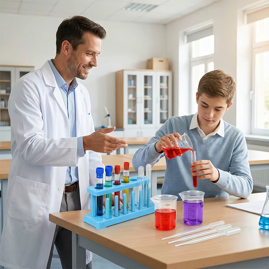 Labor-Reagenzglasgestell-Set aus Kunststoff mit 6 Reagenzgläsern, 6 Messbechern und 6 Tropfern für die Schule - Bild 2