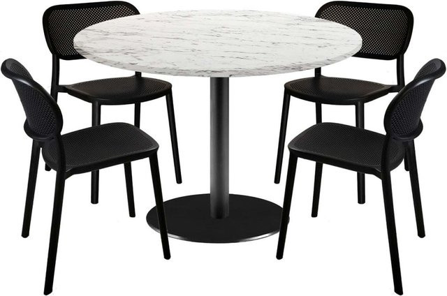 RestooTab Esstisch-Set Rome XL mit 4 Stühlen, runder Esstisch in Stein-Optik, Weiß/Steingrau/Marmoriert mit schwarzem Gestell, Durchmesser: 120 cm, Höhe: 75 cm - Bild 1