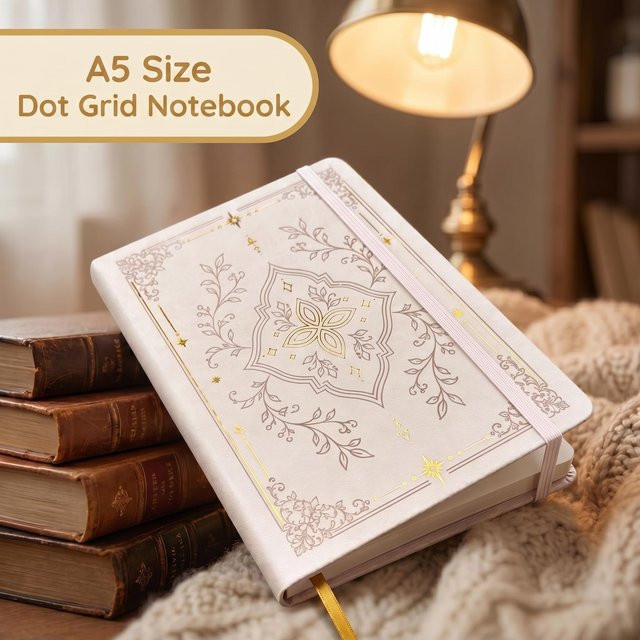 A5 Punktraster-Notizbuch mit Blumenmuster und Goldfolie, Hardcover aus PU-Leder in Beige, 160g/m² Papier, nummerierte Seiten mit Gummiband - Bild 1