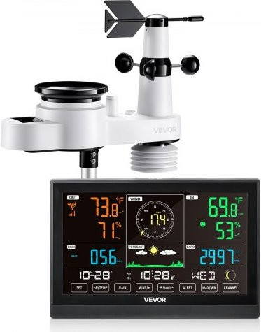 VEVOR 5-in-1 Wetterstation mit 7,5 Zoll Display, solarbetriebener Außensensor, Regenmesser, Temperatur, Luftfeuchtigkeit, Windgeschwindigkeit und Windrichtung, Weiß - Bild 1