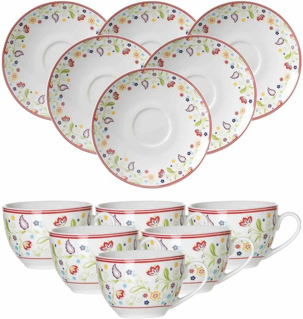 Ritzenhoff & Breker Kaffeetassen mit Untertassen Shanti aus Porzellan, Floral, Weiß, 6er Set, 220 ml pro Tasse - Bild 1