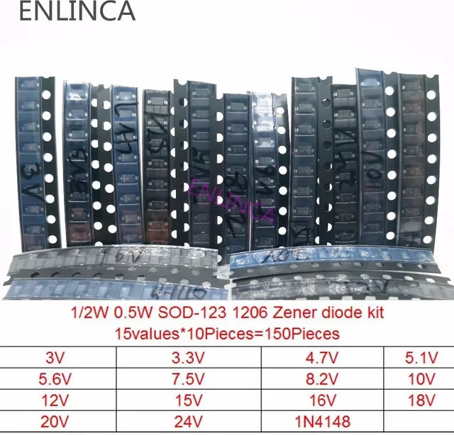 ENLINCA 150-teiliges Zener-Dioden-Kit in Schwarz, 15 Werte, SMD-Gehäuse SOD-123, 1206, SOD-323, 0,5W, für Elektronik-Profis - Bild 1