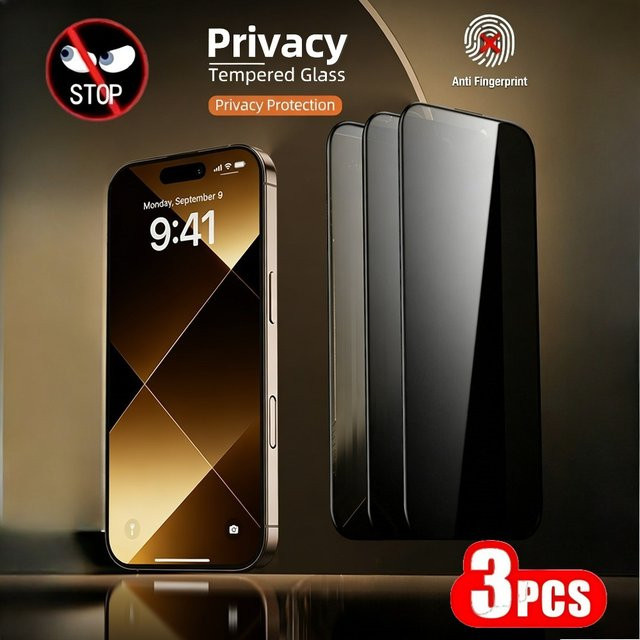 DIXSG 3-teiliges Anti-Spionage-Displayschutz Set aus gehärtetem Glas mit 9H Härte für iPhone 17 16 15 14 13 12 11 Pro Max Plus XR XS in Transparent - Bild 1
