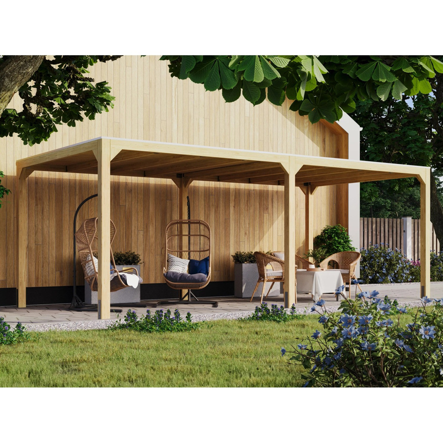 Karibu Pavillon Set Fyrkant mit Verlängerung, Flachdach, Naturbelassen, Braun, B/T/H: 627 x 320 x 239 cm - Bild 2