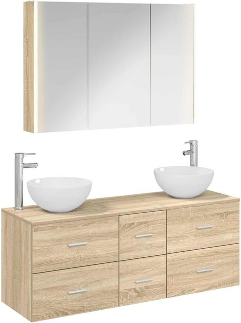 vidaXL Badezimmermöbel-Set 4-teilig in Sonoma-Eiche mit Spiegelschrank, Waschtischunterschrank und Seitenschrank, modern mit LED-Beleuchtung und Glastüren, Braun - Bild 1