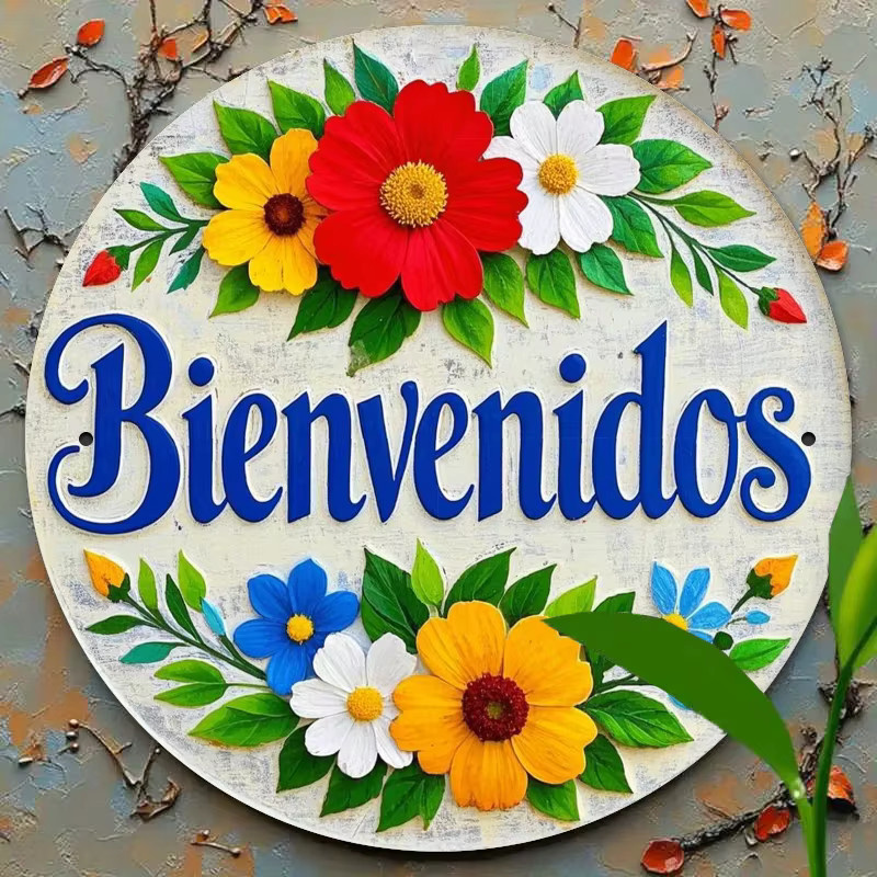 Potdemiel Rundes Metallschild Spanish Flower Welcome in Multicolour, Vintage Wandkunst mit floralem Design, Durchmesser: 19,81 cm - Bild 3