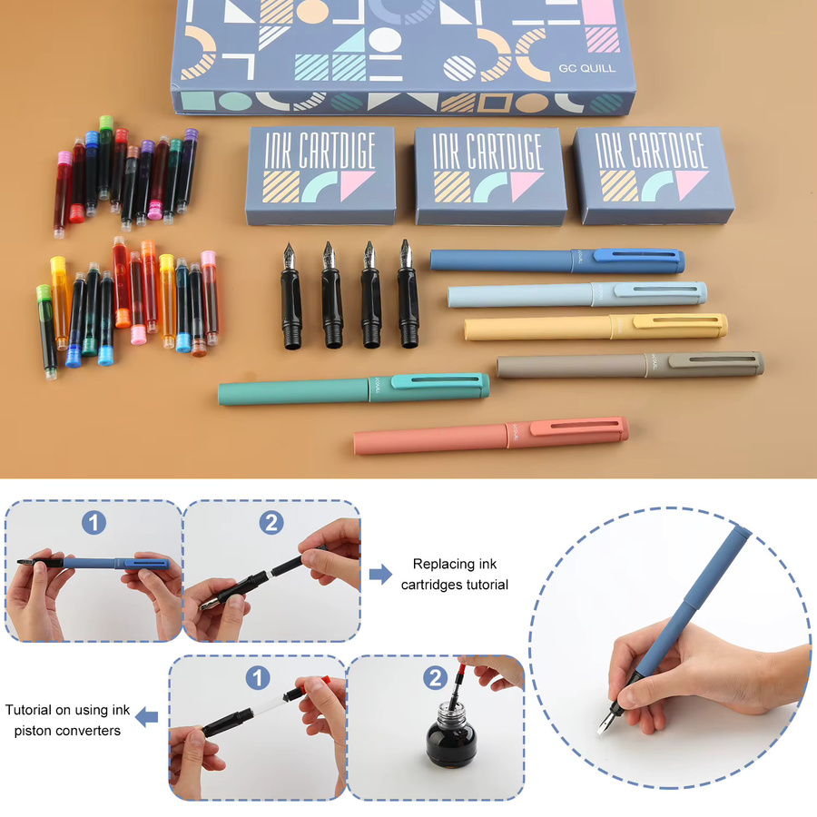 Kalligraphie-Stift-Set mit 74 Teilen, bestehend aus 8 Füllfederhaltern mit verschiedenen Spitzen und 66 Tintenpatronen in 14 Farben, Multicolor - Bild 3
