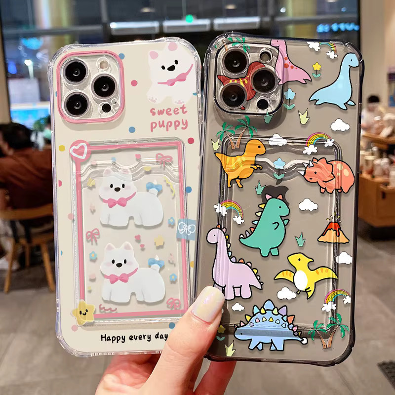 Dinosaurier Silikon Handyhülle mit Kartensteckplatz für Apple iPhone 11 12 13 14 15 16 Pro Max und weitere Modelle, Transparent/Multicolor - Bild 1