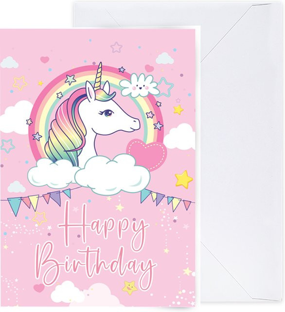 Rosa Einhorn Geburtstagskarten mit Regenbogen-Motiv und Umschlägen für Kinder, DIN A6 - Bild 1