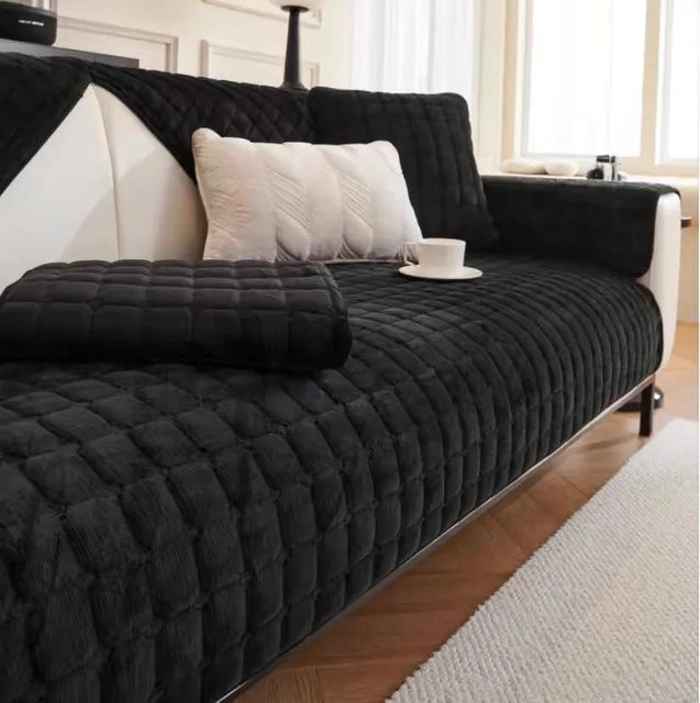 Rutschfeste Plüsch-Sofamatte von Your Warm Home in Schwarz, verdicktes Sitzkissen aus Samt und Baumwolle für Ledersofas, B/B: 180 x 90 cm - Bild 1