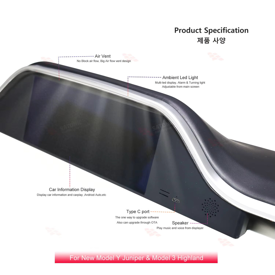SATONIC 9 Zoll Dashboard-Bildschirm für Tesla Model 3 Highland und Model Y Juniper mit kabellosem CarPlay und Android Auto in Schwarz - Bild 3