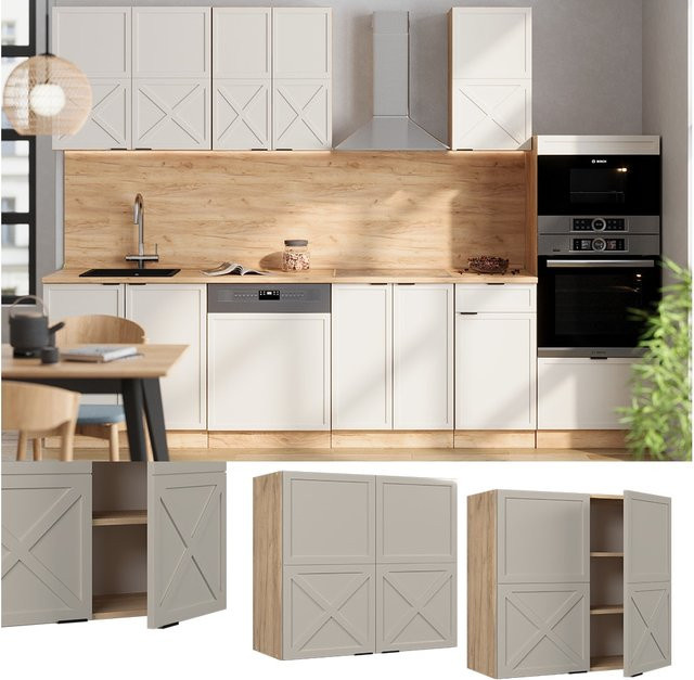 Vicco Hängeschrank Fame-Line Glashängeschrank mit Soft-Close-Türen und Regalböden, Eiche Grau-Beige, B: 80 cm, H: 72 cm, T: 34,1 cm - Bild 1