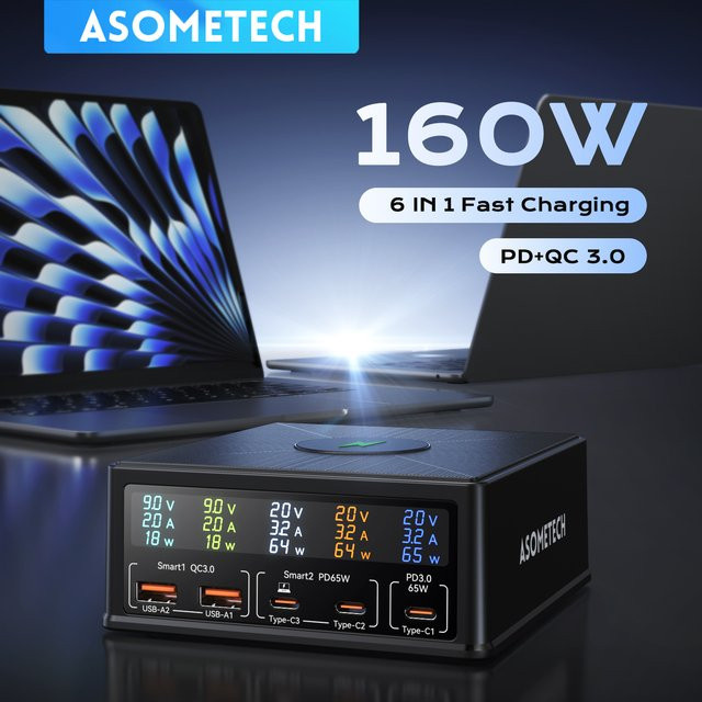 ASOMETECH 160 W GaN USB Typ C Schnellladestation mit PD und QC4.0 in Schwarz - Bild 1