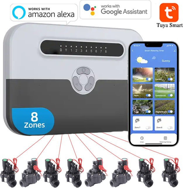 LEICTORY 8-Stationen WLAN Smart Sprinkler-Controller und Magnetventil-Bewässerungssystem für den Innenbereich in Weiß mit Fernsteuerung per App und Alexa-Kompatibilität - Bild 1