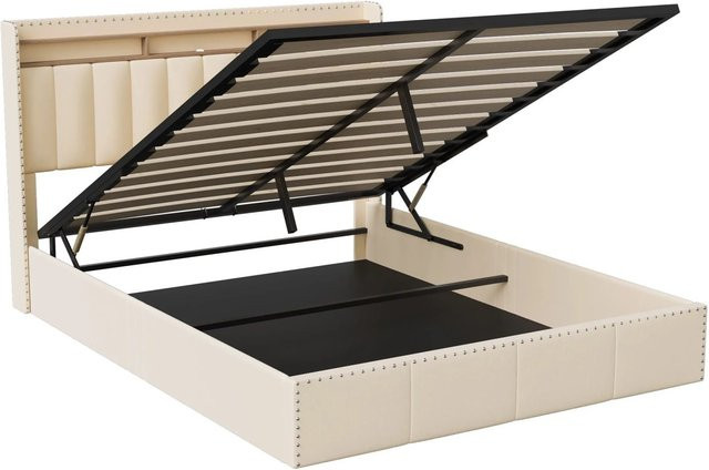 PXloue Polsterbett aus Samt in Beige mit LED-Beleuchtung, USB-Anschluss und hydraulischem Stauraum, B/T/H: 141 x 200 x 112 cm - Bild 1