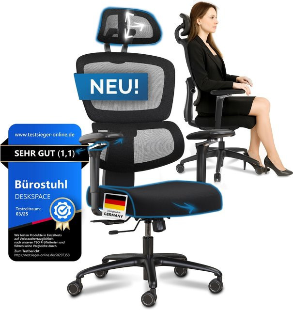 DESKSPACE Move Pro Bürostuhl in Schwarz mit 3-stufiger Einstellung und 150 kg Belastbarkeit - Bild 1