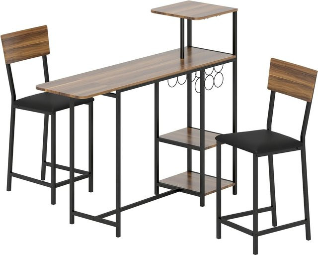 HOMCOM Bartisch mit Barhockern Set in Braun und Schwarz für Küche und Esszimmer, moderner rechteckiger Esstisch mit ausklappbarer Platte, B/T/H: 140 x 80 x 116 cm - Bild 1