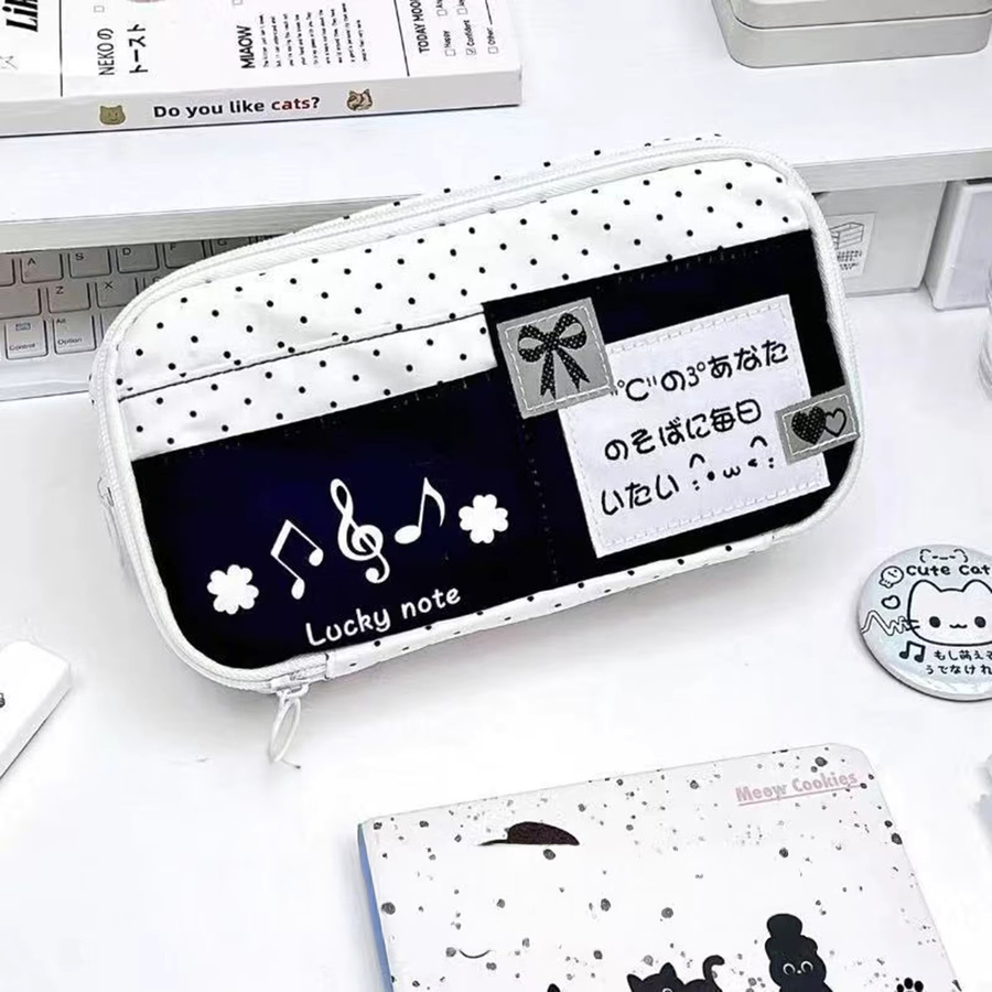 Großes Federmäppchen aus Nylon mit Katzen-Polka-Dot-Print in Weiß als mehrschichtiger Organizer für Schülerinnen - Bild 2