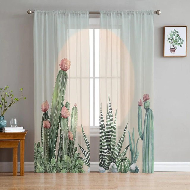 A Family Of Home Textiles Transparent Chiffon Vorhang mit Gradient Sunset Kaktus Motiv, Mehrfarbig, Breite: 135 cm, Höhe: 114 cm - Bild 1