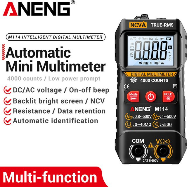 Digitales Multimeter ANENG M114 in Schwarz mit NCV-Spannungsprüfung und Signalton zur Messung von AC-Spannung, Widerstand und Strom - Bild 1