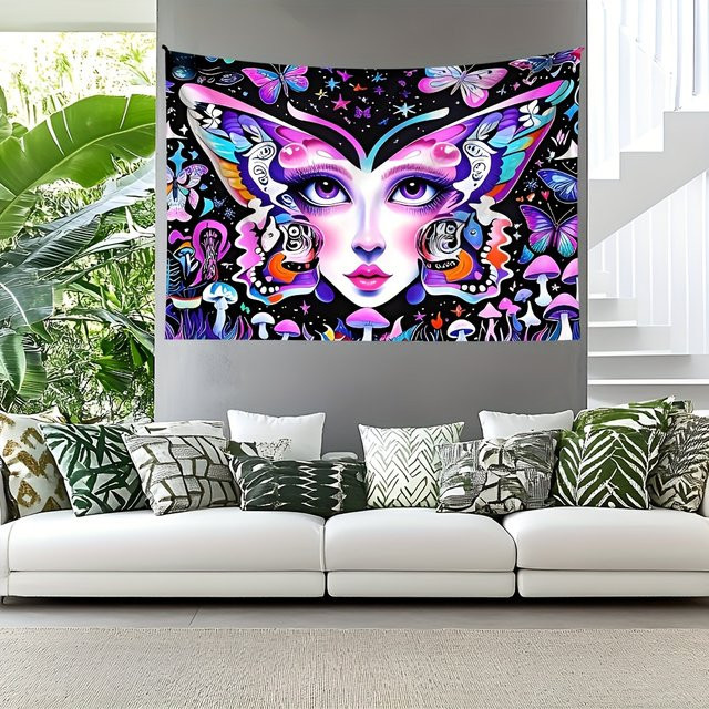 VIKAMA Wandteppich mit psychedelischem Schmetterlingsgesicht in Multicolour, dekorativer Boho Wandbehang für Wohnzimmer und Schlafzimmer - Bild 1