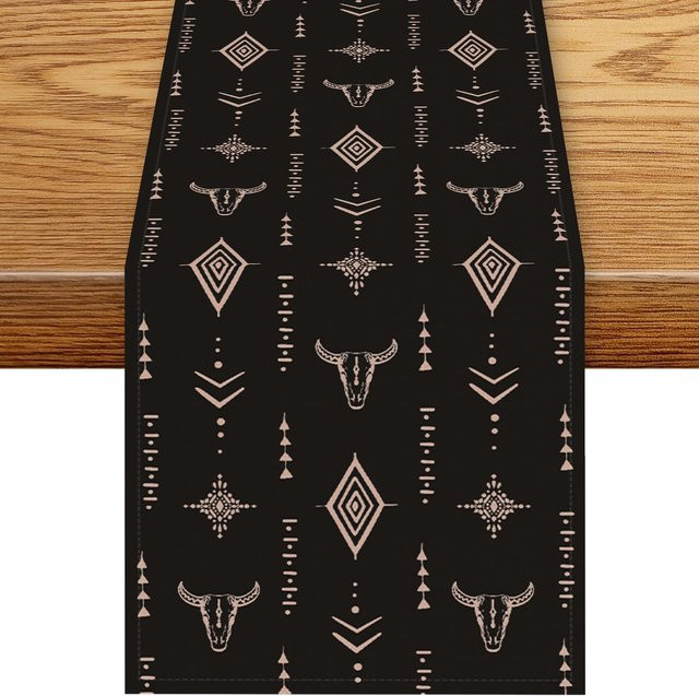 JINGYUE Pet Tischläufer aus Leinen mit westlichem Aztekischen Kuhschädel-Motiv in Schwarz, B/H: 150 x 33 cm - Bild 1