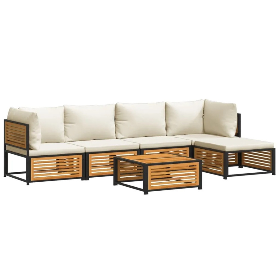 vidaXL 6-teilige Garten-Sofagarnitur in L-Form aus Akazienholz und Stahl mit Polsterkissen in Beige und Weiß - Bild 2