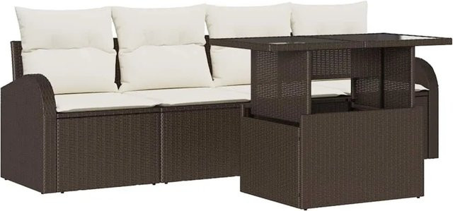 vidaXL Garten-Sofa-Set 5-teilig aus Poly-Rattan und Stahl in Braun mit Kissen in Creme-Braun - Bild 1