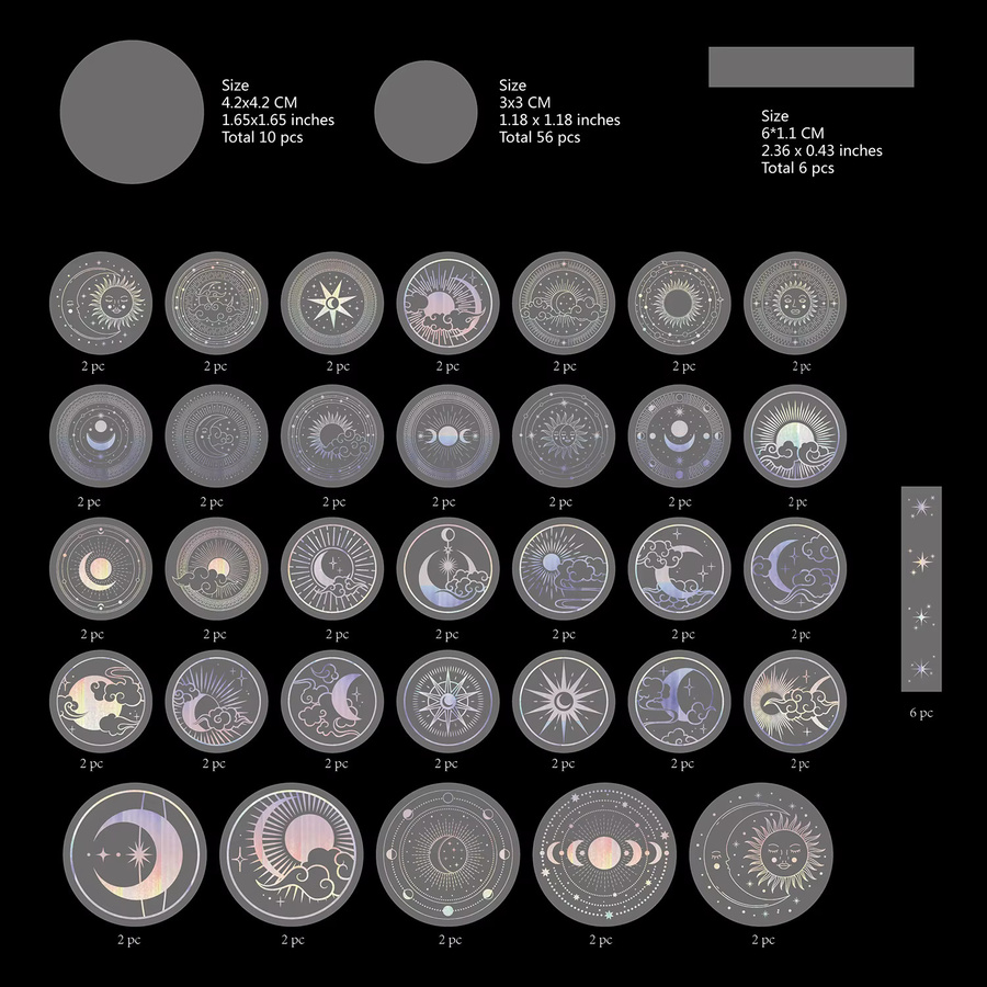 70 Stück transparente PET-Klebeetiketten in Silber mit Motiven wie Sonne, Mond und Sternen, wasserdicht und lasergeschnitten - Bild 2
