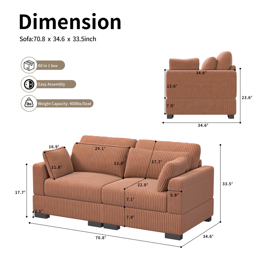 Comanlai Modernes Ausziehbares Polstersofa in Orange mit Schlaffunktion und Armlehnen - Bild 4