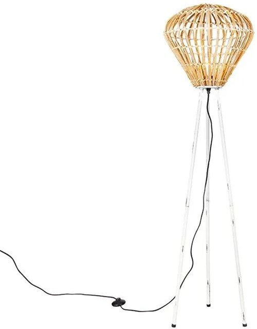 QAZQA Ländliche Stehlampe Stativ aus Bambus und Stahl in Weiß mit Canna Diamond Schirm - Bild 1