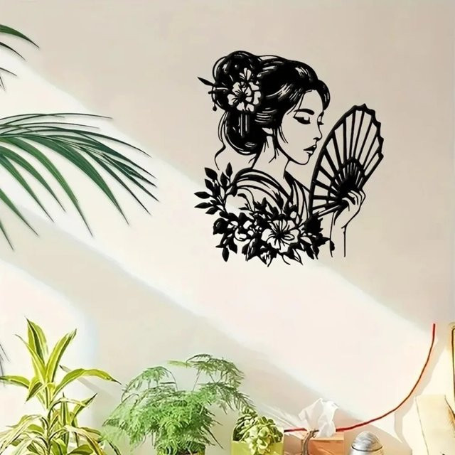 CIFBUY Aluminium-Geisha Wandkunst Metallskulptur in Schwarz mit elegantem Fächerdesign für moderne Heimdekoration - Bild 1