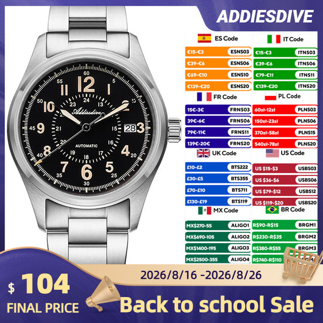 ADDIESDIVE Herrenuhr, Automatik, Edelstahl, Saphirglas, 20 ATM, Schwarz - Bild 1