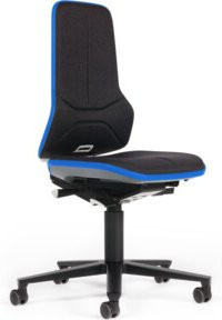 Bimos Neon Industriestuhl mit Rollen und blauem Stoffpolster, Sitztiefenverstellung und Gewichtsregulierung, Farbe: Schwarz - Bild 1