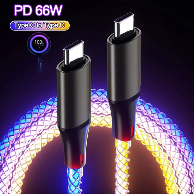 RGB USB Typ C Schnelllade-Datenkabel mit 66W und 6A für iPhone 14 15, Xiaomi K50, Samsung und Huawei P50, Mehrfarbig - Bild 1