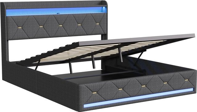 PXloue Polsterbett mit Stauraum und RGB LED, Grau, B/T/H: 160 x 200 x 110 cm - Bild 1