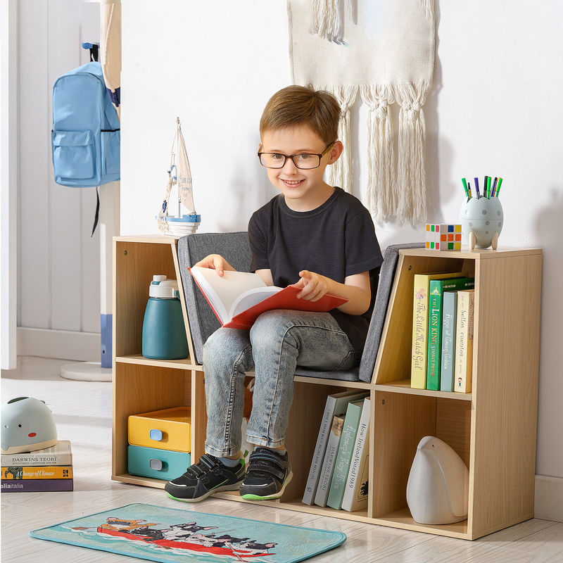 HOMCOM Kinderregal mit Sitzhocker und 6 Fächern als Spielzeugkiste inklusive 3 Kissen, Grau+Natur, B/T/H: 103 x 30 x 62 cm - Bild 2