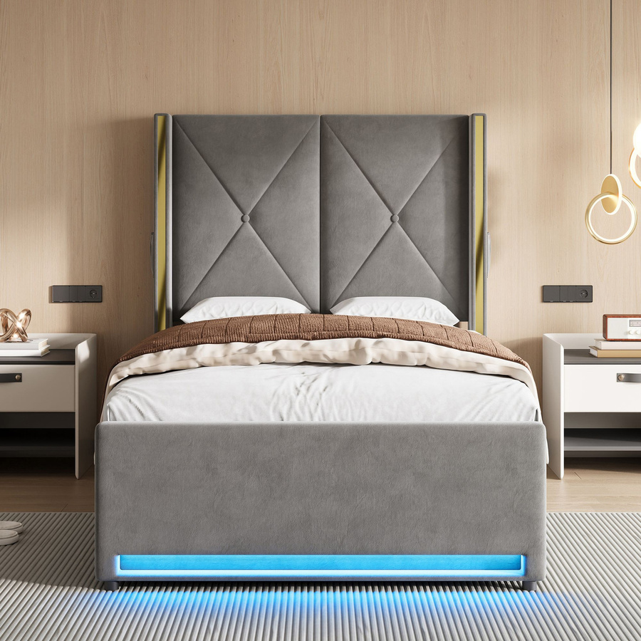 GOMYWAY Home Veloursbett mit gepolstertem Kopfteil und USB-Ladeport in Dunkelgrau, B/T/H: 100 x 213 x 141 cm - Bild 2
