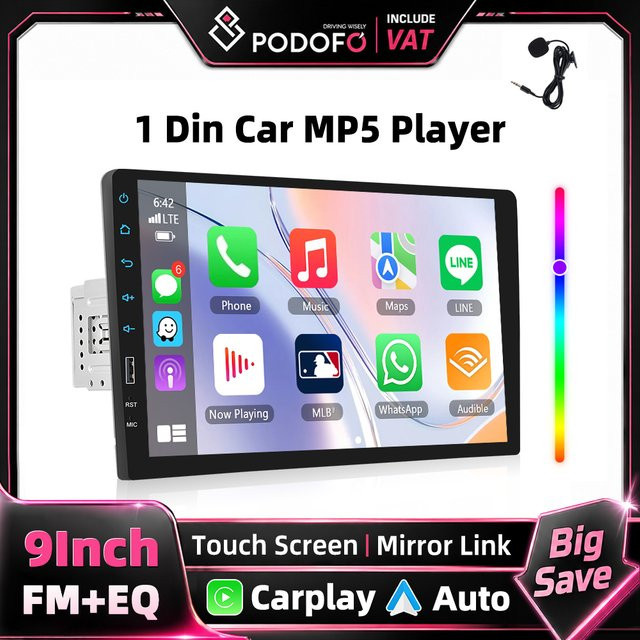 Podofo 1Din Fahrzeug-Stereoradio mit 9-Zoll-Touchscreen, Carplay, Android Auto, Bluetooth und USB in Schwarz - Bild 1
