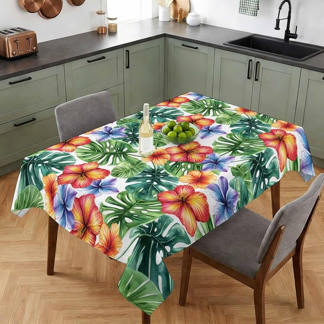 JINGYUE Pet Tischdecke mit tropischem Palmenblätter Blumenprint in Aquarell-Optik, B/B: 90 x 140 cm, Mehrfarbig - Bild 1