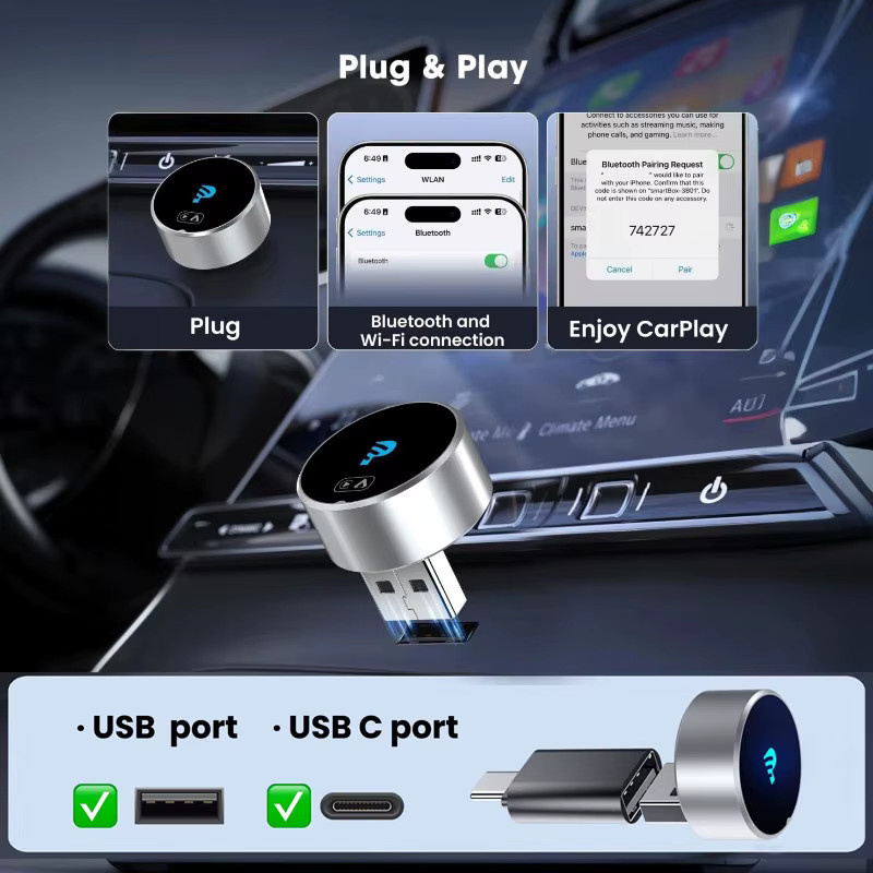 GetPairr Mini 2.0 Wireless CarPlay Adapter in Schwarz mit Dual-Band WiFi und Plug & Play Unterstützung für zwei Telefone - Bild 3