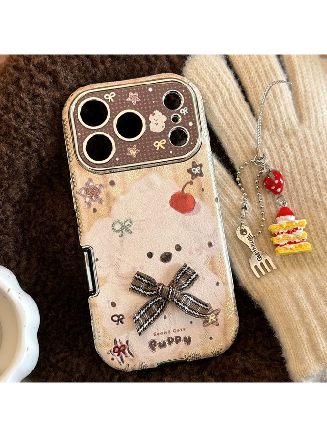 MUQGEW Handyhülle mit Koreanischem Cartoon Welpen Design und Kuchen Anhänger aus Leder Textur für iPhone 11 bis iPhone 17 Pro Max, Stoßfest, Mehrfarbig - Bild 6