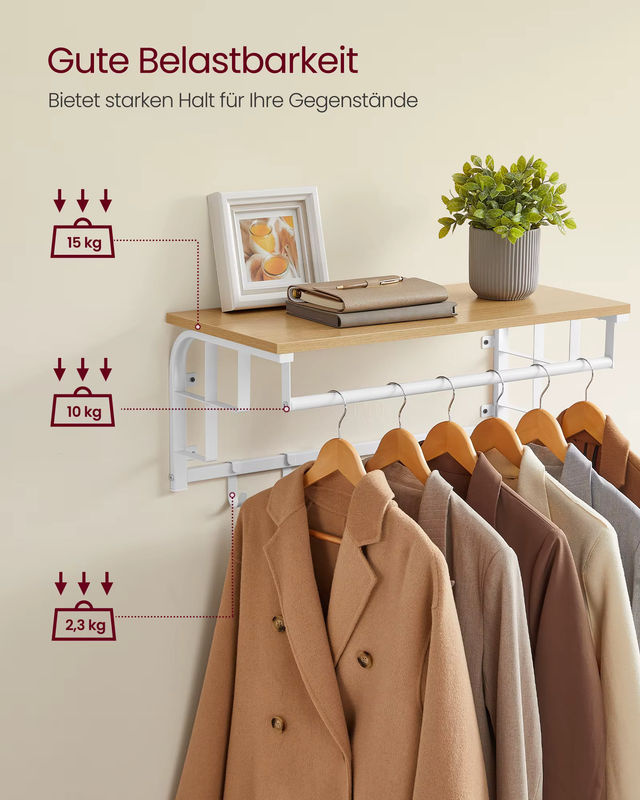 VASAGLE Wandgarderobe mit Ablage und Hängestange in Weiß, Wandregal mit 5 abnehmbaren Haken für den Flur - Bild 4