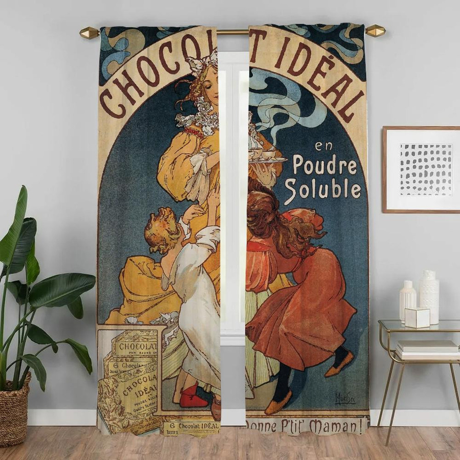 Alphonse Mucha Vorhänge für dein Wohnzimmer, 2 Paneele, halbtransparent, Mehrfarbig, B: 50 cm, H: 70 cm - Bild 1